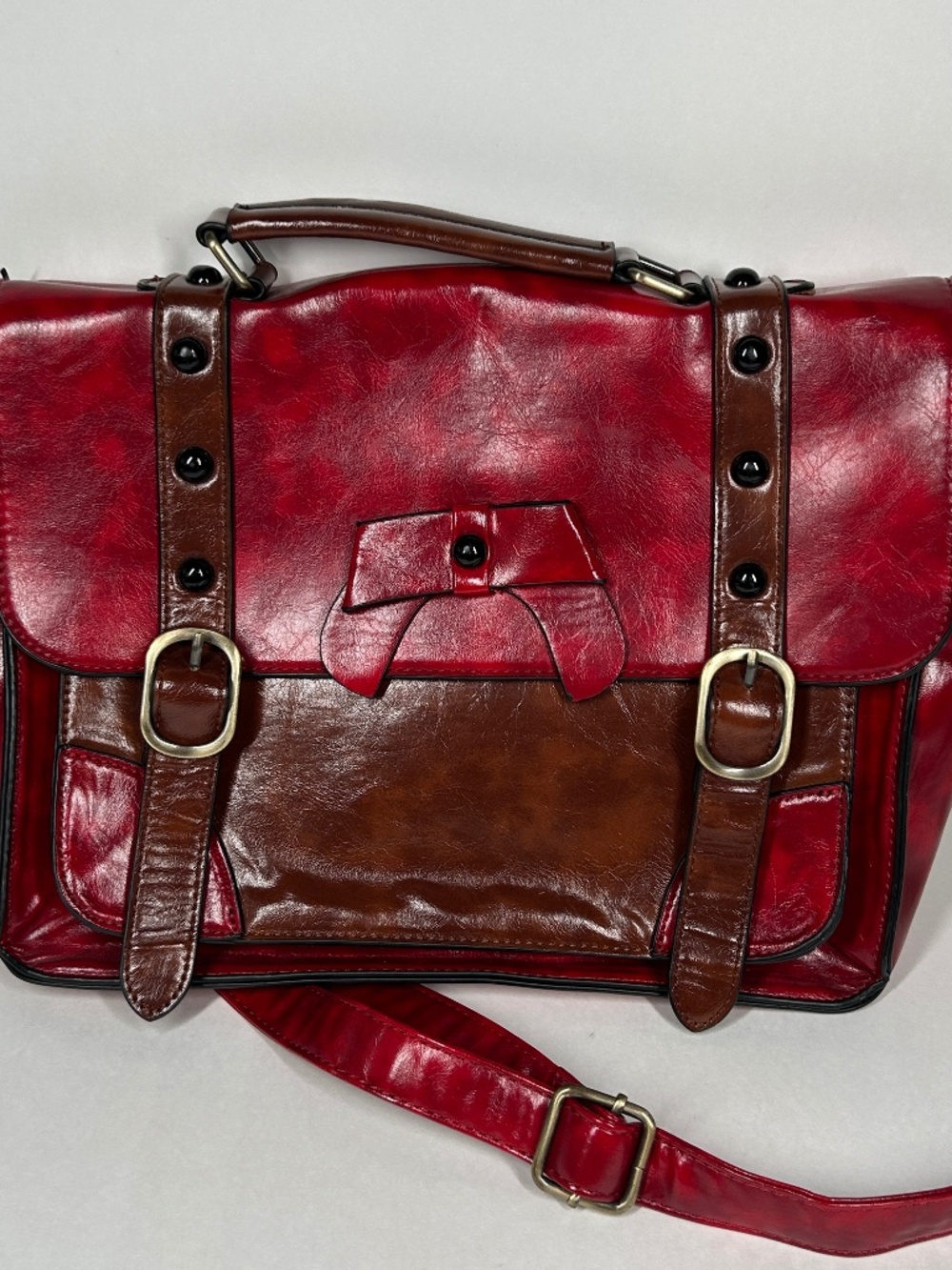Ecosusi Messenger Bag Red Brown Faux PU Leather Bow Collegiate Crossbody Satchel